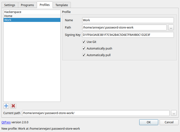 Profiles tab: a list of profiles with a form for name, path, signing key and Git options