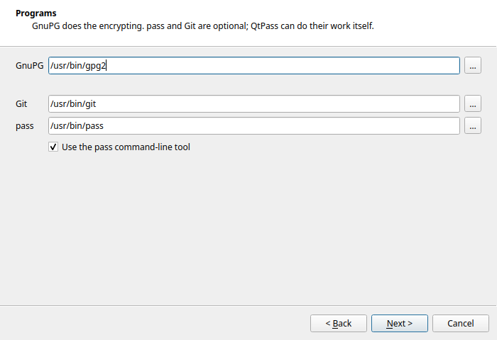 Wizard page 2: locations of gpg, pass and git