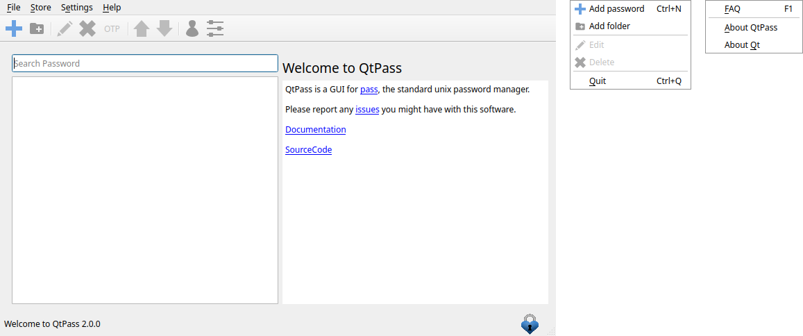 QtPass 2.0 main window with File, Edit, Settings and Help menus