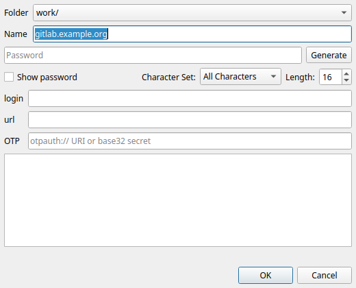 New password dialog with folder picker, name field and password